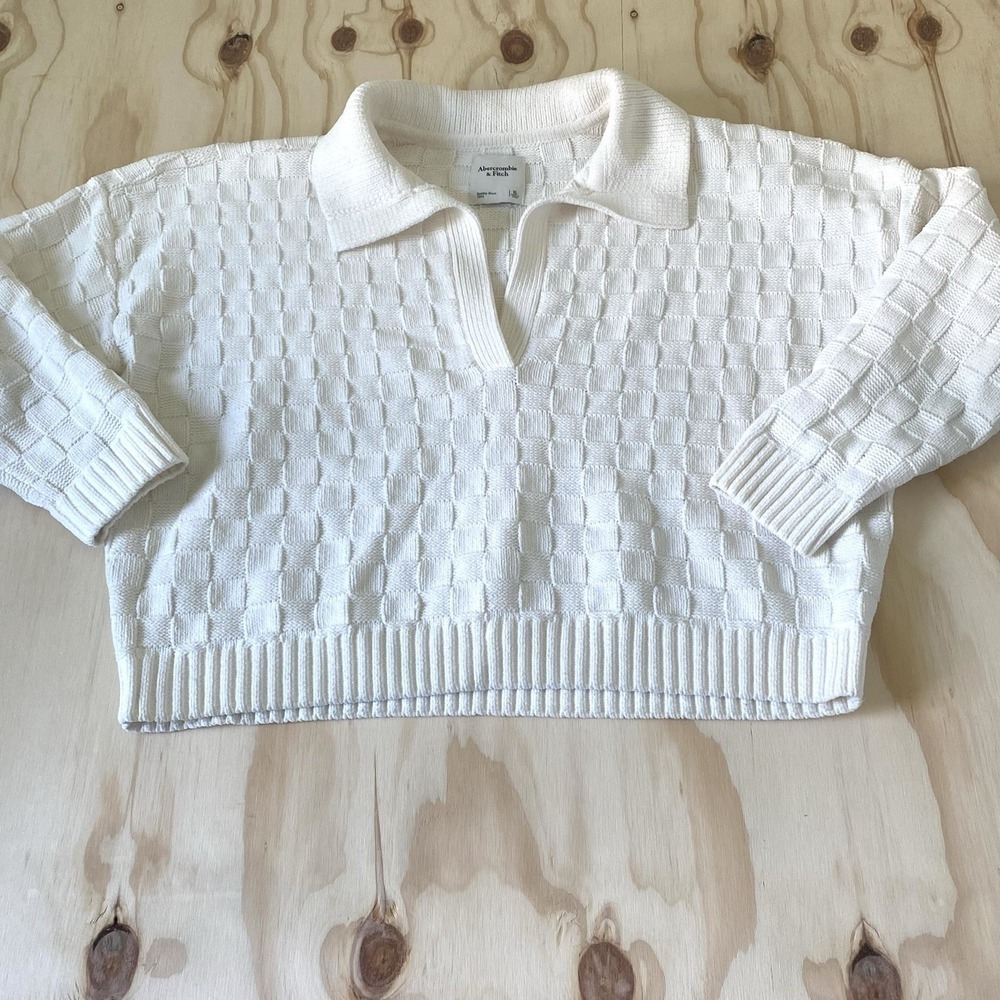 Abercrombie White Cropped Sweater XL Old Money Preppy Collared Knit Notch Neck